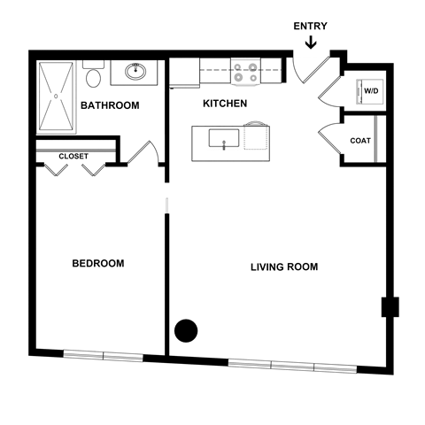 Floor plan for 1 bed, 1 bath, 853 sqft
